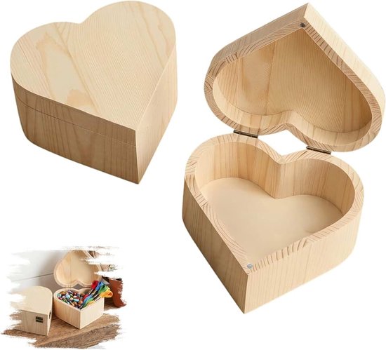 Kist met deksel, klein, 2 stuks houten doos in hartvorm, 13 x 13 x 7 cm, retro herinneringsdoos voor sieraden, armbanden, halskettingen, cadeau, kleinigheden