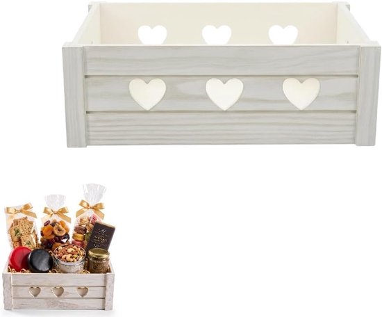Kist met hartpatroon, 30 x 20 x 12 cm, houten kist zonder deksel, wit gekalkt, decoratieve houten kist, vintage geschenkkist voor documenten, waardevolle spullen en gereedschap