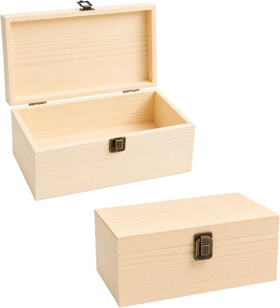 Kisten met deksel, 23,5 x 14 x 10 cm, 2 stuks, opbergdozen van hout, onbewerkt, schatkist, rechthoekig, voor doe-het-zelf, decoratie en opslag