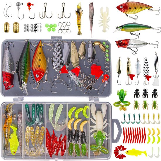 Kit met zoetwater visgerei is geschikt voor vissen zoals baars, forel en zalm. Het bevat lepels, zachte plastic wormen en ander kunstmatig aas, wat het een ideaal cadeau voor vissers maakt. van Merkloos