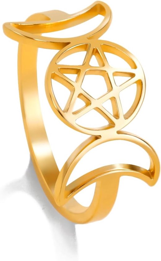 kkjoy Triple Moon Godin Ring Rvs Maan Fase Pentagram Amulet Belofte Ring Magic Wicca Sieraden Gift Voor Vrouwen Meisjes