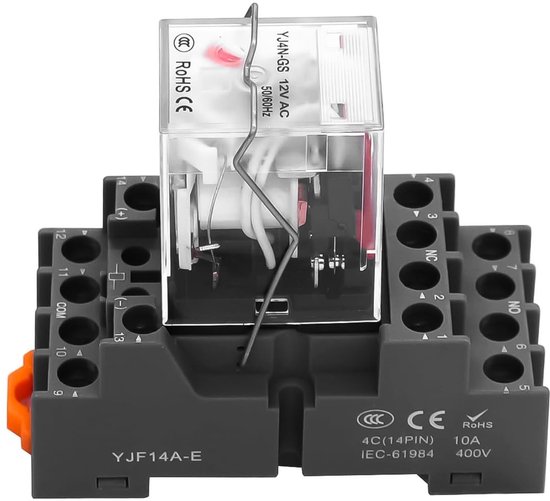 Klein elektromagnetisch tussenrelais voor 35 mm geleiderail, DC12V, 14-pins, 5 A, betrouwbaar en compact relais voor diverse toepassingen