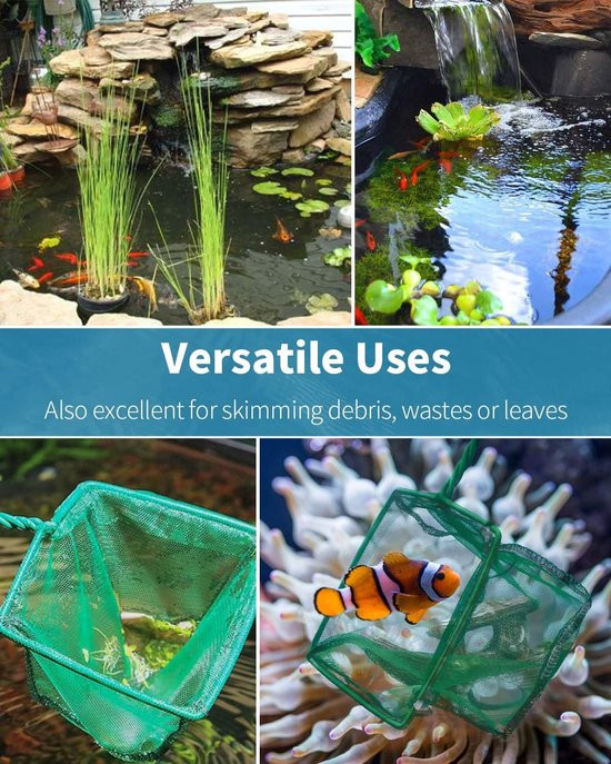 Klein vierkant aquariumschepnet met gevlochten handgreep, ideaal voor visvijvers, koivijvers en zwembaden, zacht fijnmazig reinigingsnet voor zorgvuldige hantering van vissen