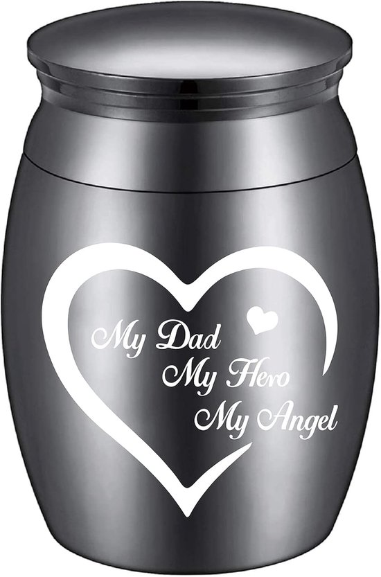 Kleine aandenken-urn voor menselijke as vuurbegrafenis mini decoratieve urnen dad memorial ashouder zwart gegraveerd roestvrij staal voor papa 30 x 40 mm My Hero Angel