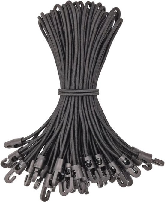 Kleine elastische touwen met haken, geschikt Geschikt voor zeilen, kamperen, tenten, 50 touwen, 15 cm (zwart) van Merkloos