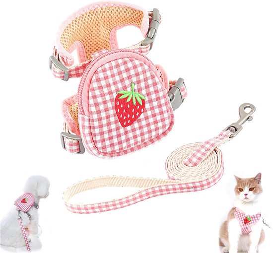 kleine honden Anti Pull Harnas Borst Harnas Aardbei Patroon Puppy Harnas Verstelbaar Breakaway Ademend Veiligheidsharnas Kat Harnas voor Pomeranian, Katten (S, Roze)