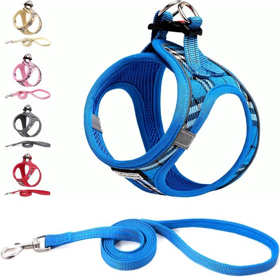 Kleine honden met riem, anti-trektuig Reflecterend ademend borsttuig, puppytuig voor kleine, middelgrote honden (S, Blauw geruit)