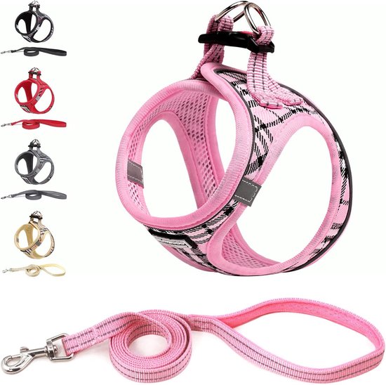 Kleine honden met riem, anti-trektuig Reflecterend ademend borsttuig, puppytuig voor kleine, middelgrote honden (XS, Roze geruit)