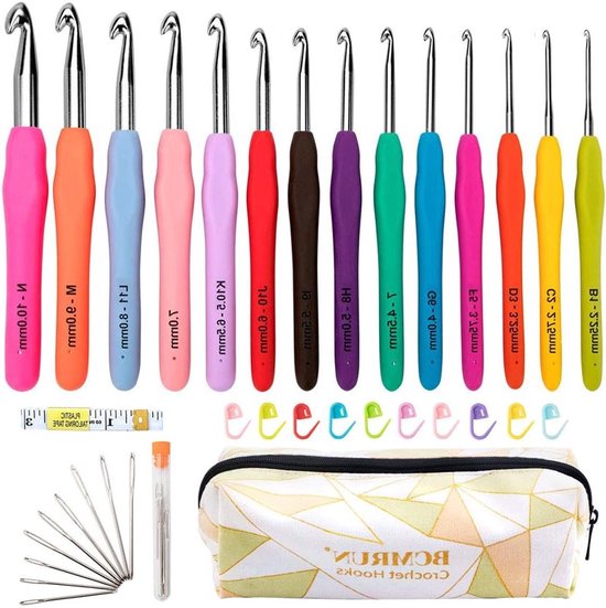 Kleurige ergonomische haaknaalden set van 14 stuks met comfortabele grip, inclusief draagtas en accessoires, ideaal voor haken en artritis, maten 2mm-10mm van Merkloos