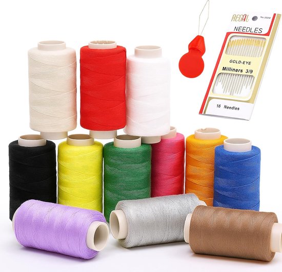 Kleurige polyester naaigaren set van 12 kleuren, 350 m met naalden voor hand- en machine naaien, ideaal voor creatieve projecten.
