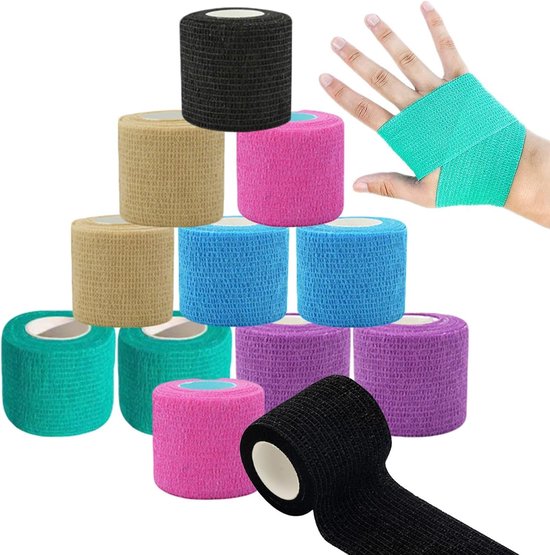 Kleurige zelfklevende sporttape voor crossfit, ideaal voor enkels, polsen en vingers, 12 rollen