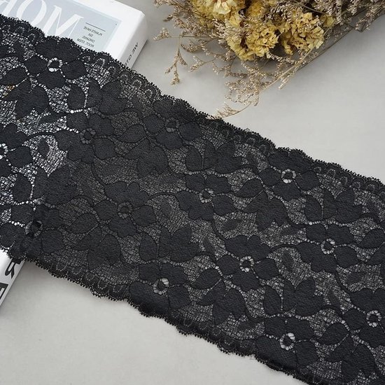 Kleurrijke Elastische Kantband van 2 Yards, 16cm Breed, Bloemige Rand voor Kleding, Ondergoed en Tafeldecoratie, Zwart