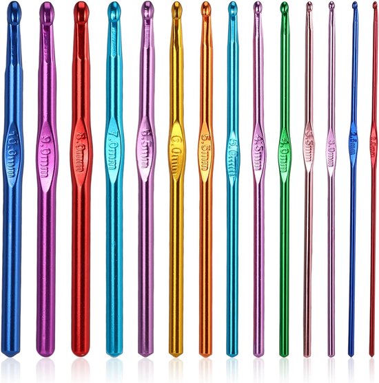 Kleurrijke haaknaalden set van 14 stuks van aluminium in verschillende maten 2mm-10mm voor haken en breien, ideaal voor beginners en gevorderden