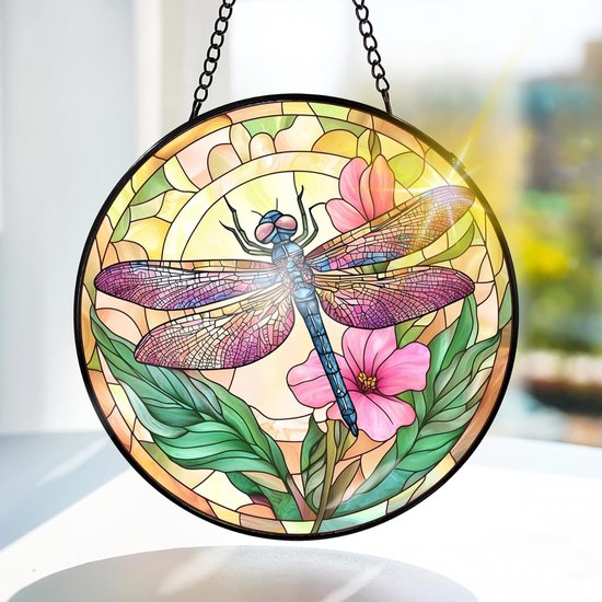Kleurrijke Libelle Glas-in-lood Raamdecoratie - Bloemontwerp voor Binnen en Deur - 20x20 cm met Ketting en Haak - Uniek Cadeau voor Thuisdecoratie