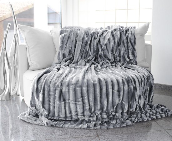 knuffeldeken imitatiebont dubbelzijdig XXL 220x240 cm - Warme kunstbontdeken voor bank en bed, luxe woondeken plaid, comfortabel & zacht - 100% polyester, wasbaar - Grijs
