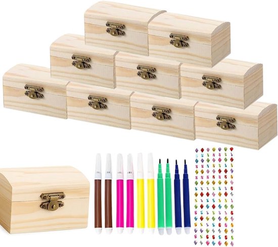 Knutseldoos van hout, 10 stuks, kleine schatkisten van hout met slot, mini-opbergdoos voor sieraden, knutselwerk, decoratie, thuiskantoor-organizer, handgemaakte houten doos in