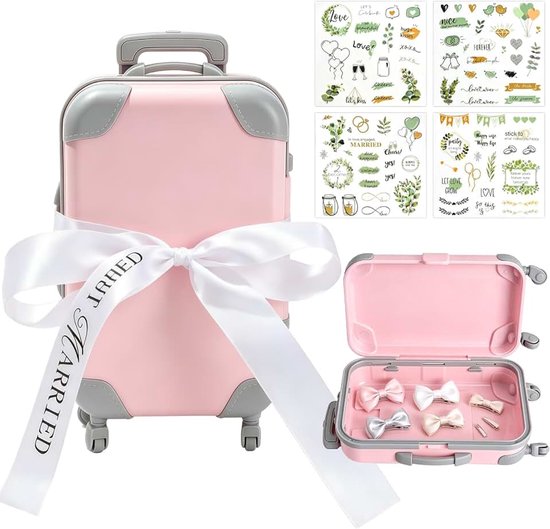 Koffer geschenkdoos bruiloft - geldgeschenk bruidspaar, 3-delig roze | Met 4 groene bruiloftsstickers en lint, ideaal voor geldgeschenken, reiskassa, huwelijksreis en Just Married decoratie