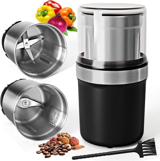 Koffiemolen met Twee Verwijderbare Schalen, Maalmolen voor Noten, Peper en Linzen, Verstelbare Koffiemaker voor Espresso en Keukenkruiden