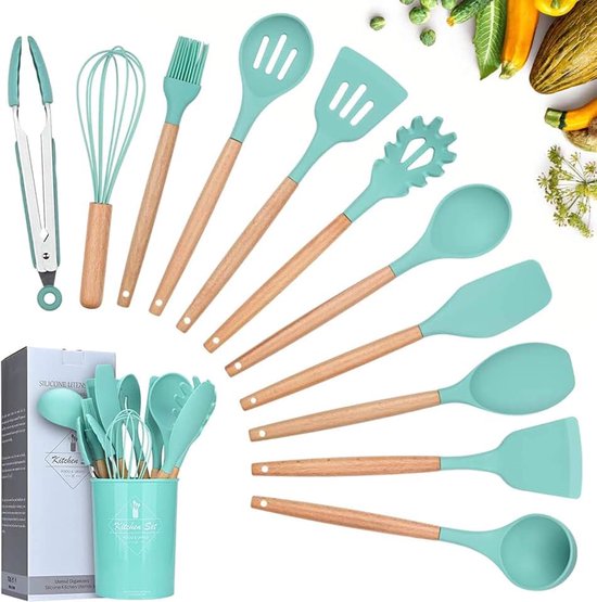 Kookgerei Keukengerei Set, 12 Stuks Natuurlijke Houten Handgrepen Koken Tool Bpa Gratis Niet Giftige Siliconen Turner Tang Spatel Lepel Keuken Gadgets Gebruiksvoorwerp Set (Donkergroen)