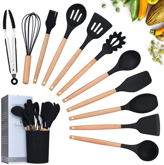 Kookgerei Keukengerei Set, 12 Stuks Natuurlijke Houten Handgrepen Koken Tool Bpa Gratis Niet Giftige Siliconen Turner Tang Spatel Lepel Keuken Gadgets Gebruiksvoorwerp Set (Zwart)