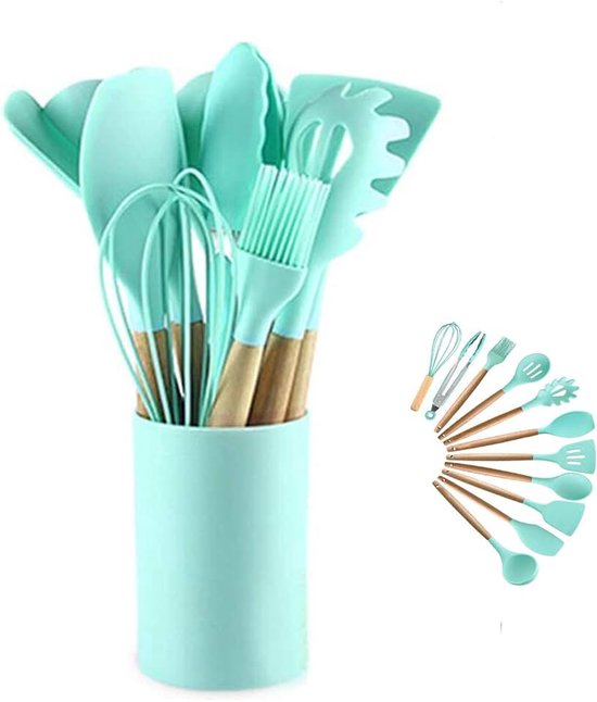 Kookgerei Keukengerei Set - 446 ° F Hittebestendig, Turner Tang, Spatel, Lepel, Borstel, Garde. Houten handgrepen Grijze keukengadgets Gereedschapset voor anti-aanbak kookgerei (Agaat groen-12pcs) | Turner Tang