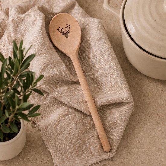 Kookgerei lepel of spatel met houten motief (ovale kooklepel/hert)