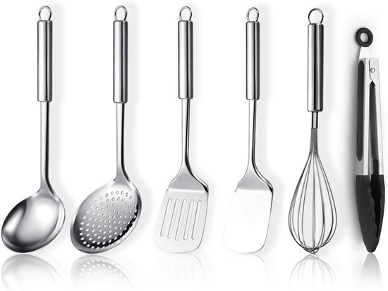 kookgerei set 6 stuks, keukengereedschap set inclusief metalen spatel set, schuimspaan, pollepel, tang, garde, keuken gadgets essentials nieuw huis must have