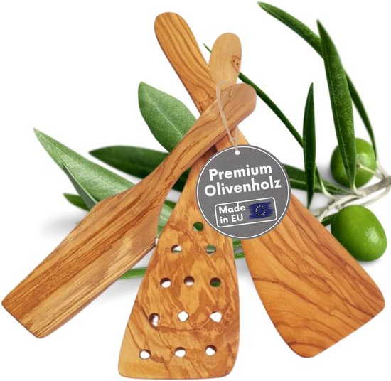 Kooklepelset 3-delige olijfhout Keukenhulpjes verschillende uitvoeringen- saladebestek, honinglepel, zout- of pepermolen (spatule set 3-delig)
