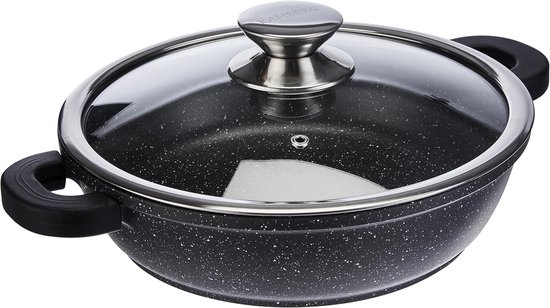 - Kookpan 24 Cm Gegoten Aluminium Coating In Steenlook Met Glazen Deksel Voor Alle Warmtebronnen, Ook Inductie Pfoa-Vrij, Aluminium, Grijs, 24 Cm