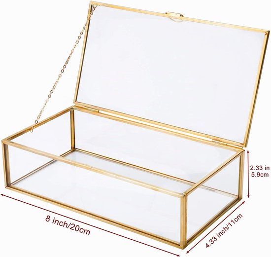 Koper gouden vintage glazen doos met deksel, decoratieve sieraden aandenken display organizer doorzichtige rechthoek gouden doos voor bruiloftsfeest decoratie (20 x 11 x 5,9 cm, goud)