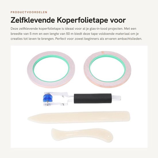 Koperfolietape 5 Mm - 2 Rollen - Inclusief Accessoires - Sterke Hechting - Voor Glas-in-lood Ambachten - Eenvoudig Aan Te Brengen - Glas-in-lood Tape