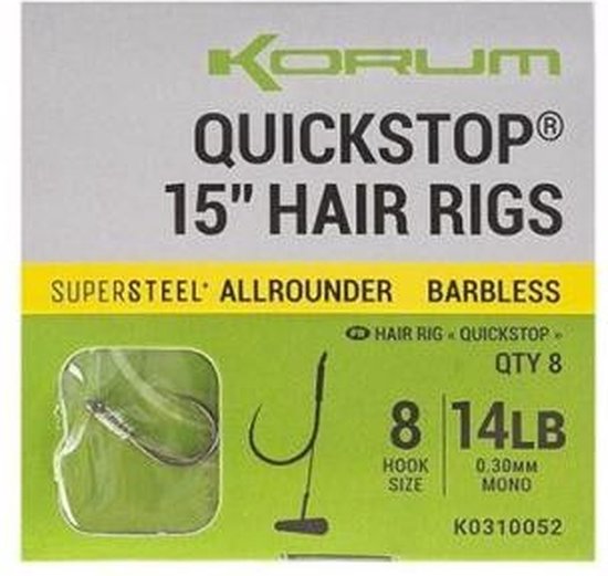 Korum Big Fish Supersteel Allrounder Quickstop 15” Hair Rigs Barbless (8pcs) - Maat : haak 10 - 0.28mm