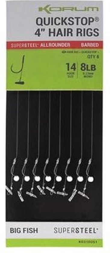 Korum Big Fish Supersteel Allrounder Quickstop 4” Hair Rigs Barbless (8pcs) - Maat : haak 12 - 0.26mm