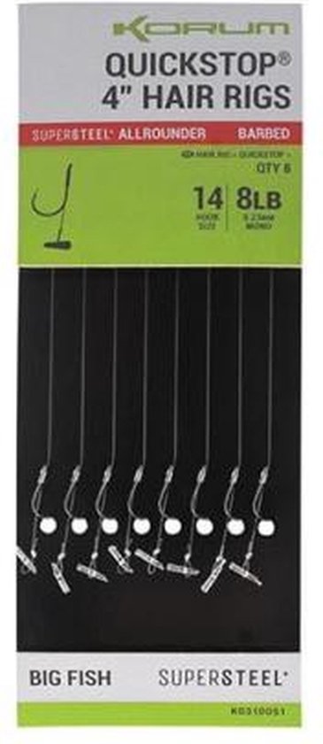 Korum Big Fish Supersteel Allrounder Quickstop 4” Hair Rigs Barbless (8pcs) - Maat : haak 8 - 0.30mm van Korum