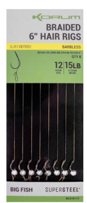Korum Supersteel Big Fish Braided Hair Rigs 6 Barbless (8 pcs) - Maat : Haak 10 - 0.25mm