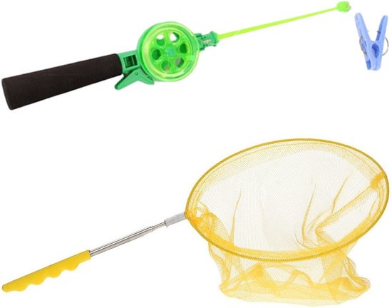 Krabhengel / vishengel incl. uitschuifbaar visnet - groen/geel - 39 cm van Merkloos