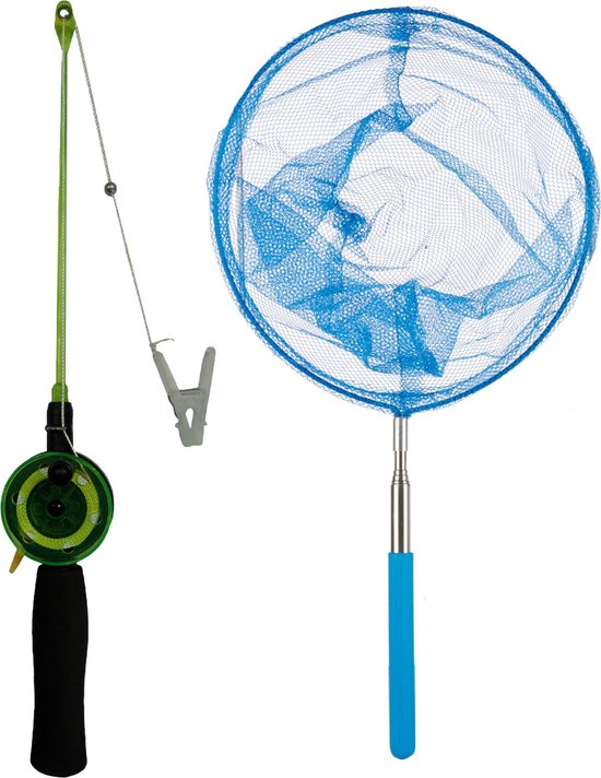 Krabhengel / vishengel voor krabbetjes 38 cm - met uitschuifbaar schepnetje blauw