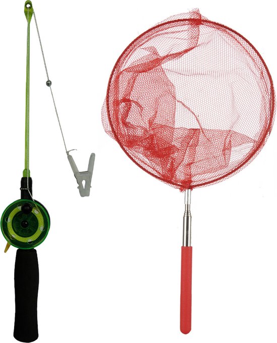 Krabhengel / vishengel voor krabbetjes 38 cm - met uitschuifbaar schepnetje rood