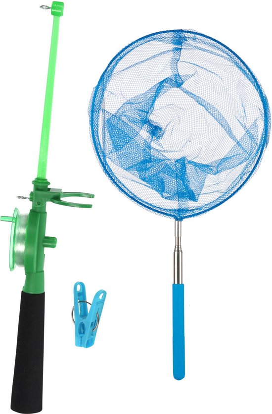 Krabhengel / vishengel voor krabbetjes 44 cm - met uitschuifbaar schepnetje blauw