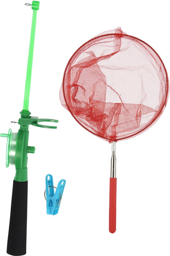 Krabhengel / vishengel voor krabbetjes 44 cm - met uitschuifbaar schepnetje rood van Merkloos