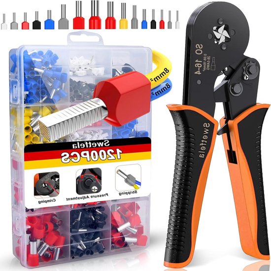 Krimptang met 1200 dubbele- en enkeleindhulzen - zelfregulerende ratel precisiekrimptang - Doe-het-zelvers en industrieel gebruik van Merkloos