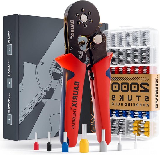 Krimptang Zeskant met Set 2000 Adereindhulzen - Zelfinstellend - Adereindhulstang - Ferrule Crimping Tool Kit - [025-6mm²] Draadeind Tang - Ferrule Krimptang Kit
