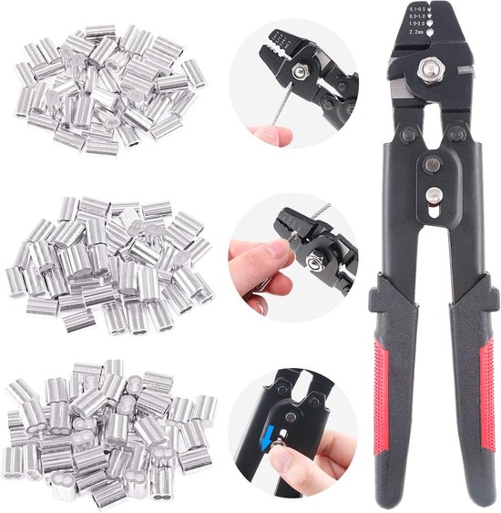 Krimtool voor staalkabels tot 2,2 mm - Swager-/Crimptool voor staalkabels - Viscrimpgereedschap met 180 stuks aluminium dubbele-barrel ferrule-krimkousen (lus) kit in 1,2/1,5/2 mm