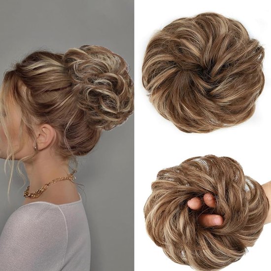 Kruidenelastiek voor een Rommelige Bun - Synthetisch Haarstuk voor Vrouwen en Meisjes in Lichtbruin en Lichtgoud Blond - Perfect voor Dagelijks Gebruik en Feestjes