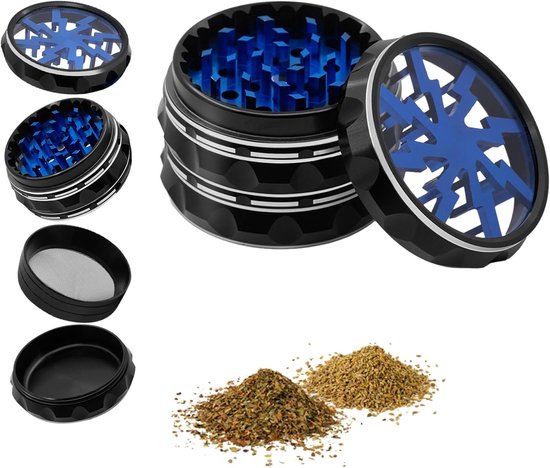 Kruidenmolen van 2,5 Inch, 4-delige Aluminium Molen met Schoonmaakborstel en Pollen Schraper voor Keuken, Draagbare Specerijenmolen voor Kruidige Gerechten - Zwart/Blauw