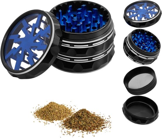 Kruidenmolen van Aluminium 2.5 Inch, 4-delige Set met Schoonmaakborstel en Pollen Schraper voor Keuken, Draagbare Specerijenmaler voor Kruidige Gerechten - Zwart/Blauw
