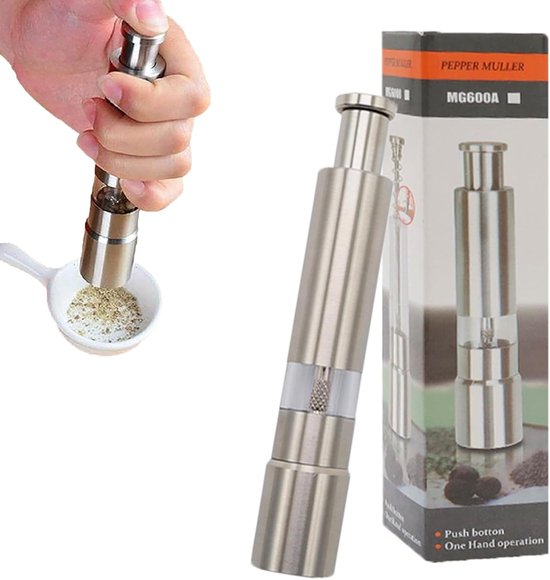 Kruidenmolen van RVS met Drukknop en Duimdruk voor Zwart Peper en Zeezout - Perfect voor Keuken en Koken