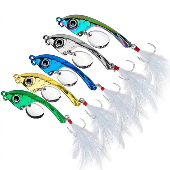 Kunstaas 5 stuks multicolor 10 gram – VIB kunstaas met spinner en gevederde haak – zinklegering vis aas voor verre worpen – geschikt voor zeevissen en baars – inclusief opbergdoos