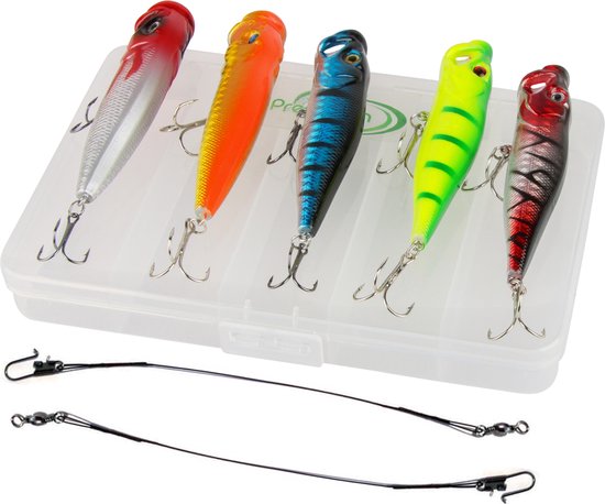 Kunstaas Poppers Set met Stalen onderlijnen - 8-delig - 9cm - 12.5g - Roofvissen - Oppervlakte kunstaas pluggen voor Zeebaars, Snoek, Baars & Roofblei van Nighthawk.