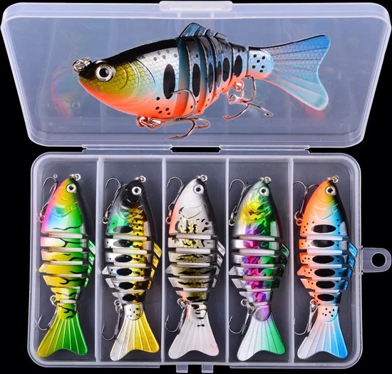 Kunstaas set - 5 Swimbaits - 15 gram - 10 cm - Roofvissen - Snoek - Snoekbaars - in handige afsluitbare opbergbox van Zebtopa